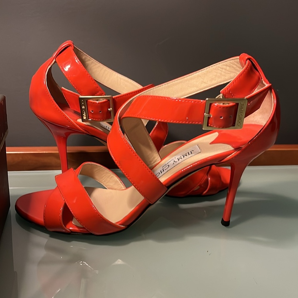 Jimmy Choo Flame Orange / Red Patent 'Lottie' Criss Cross Sandals - Picture 3 of 7